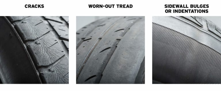 tire inspection guide- cracks on the sidewall, worn out tread and bulging