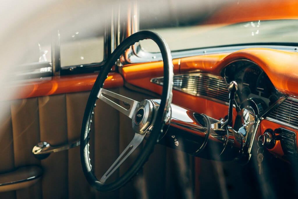 detail interior shot of Brian Hill of Hill’s Rod and Custom Orange Modified 1955 Chevy Nomad