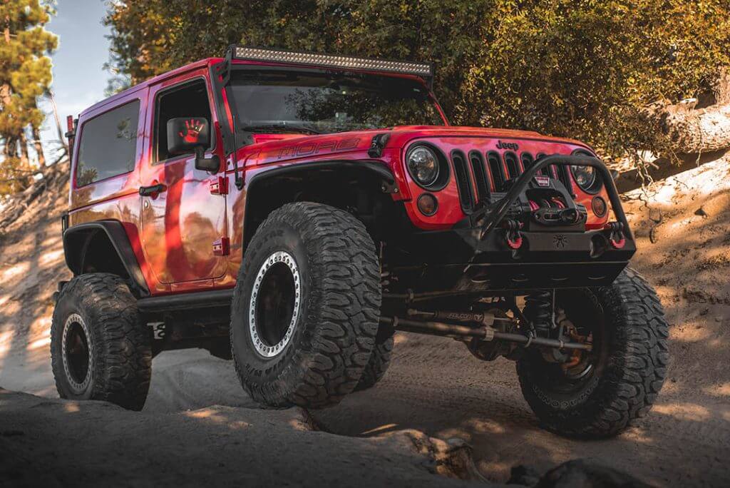 red Jeep JK MOAB with 38 inch Milestar Patagonia MT tires