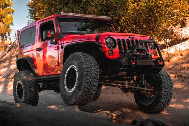 red Jeep JK MOAB with 38 inch Milestar Patagonia MT tires