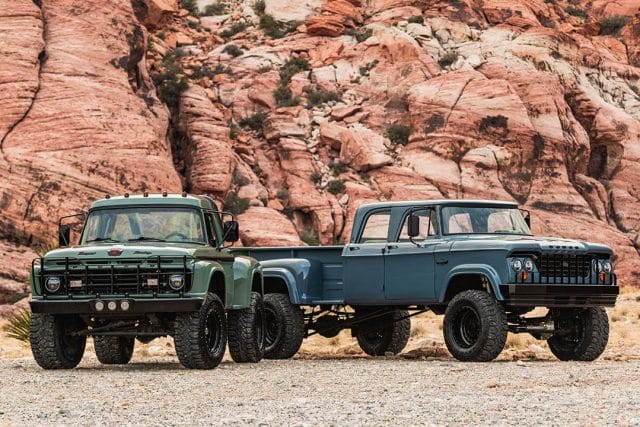 A pair of classic trucks in a canyon