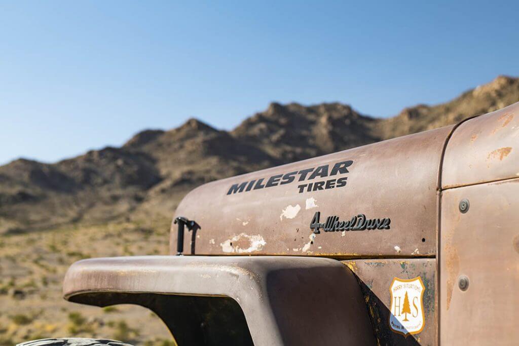 Decal shot of an old patina Jeep Willys