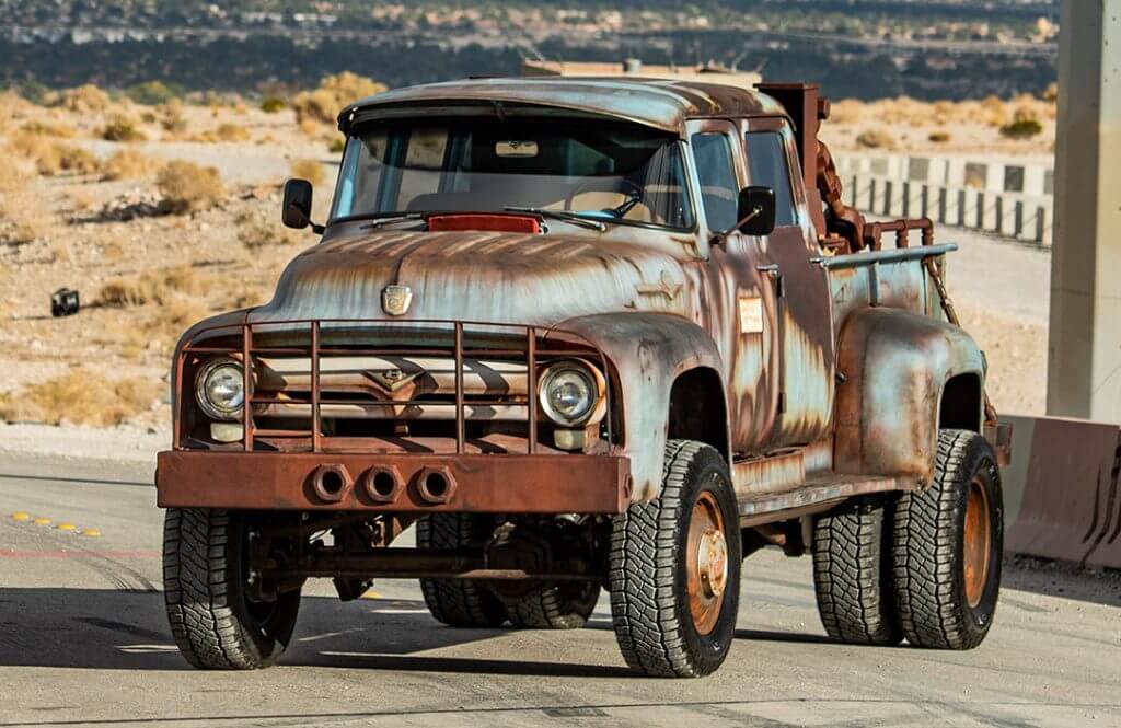 front of hodson f600 dually truck in desert on milestar Patagonia X/T tires